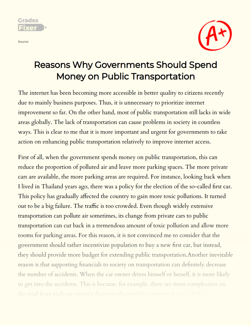 Reasons Why Governments Should Spend Money on Public Transportation Essay