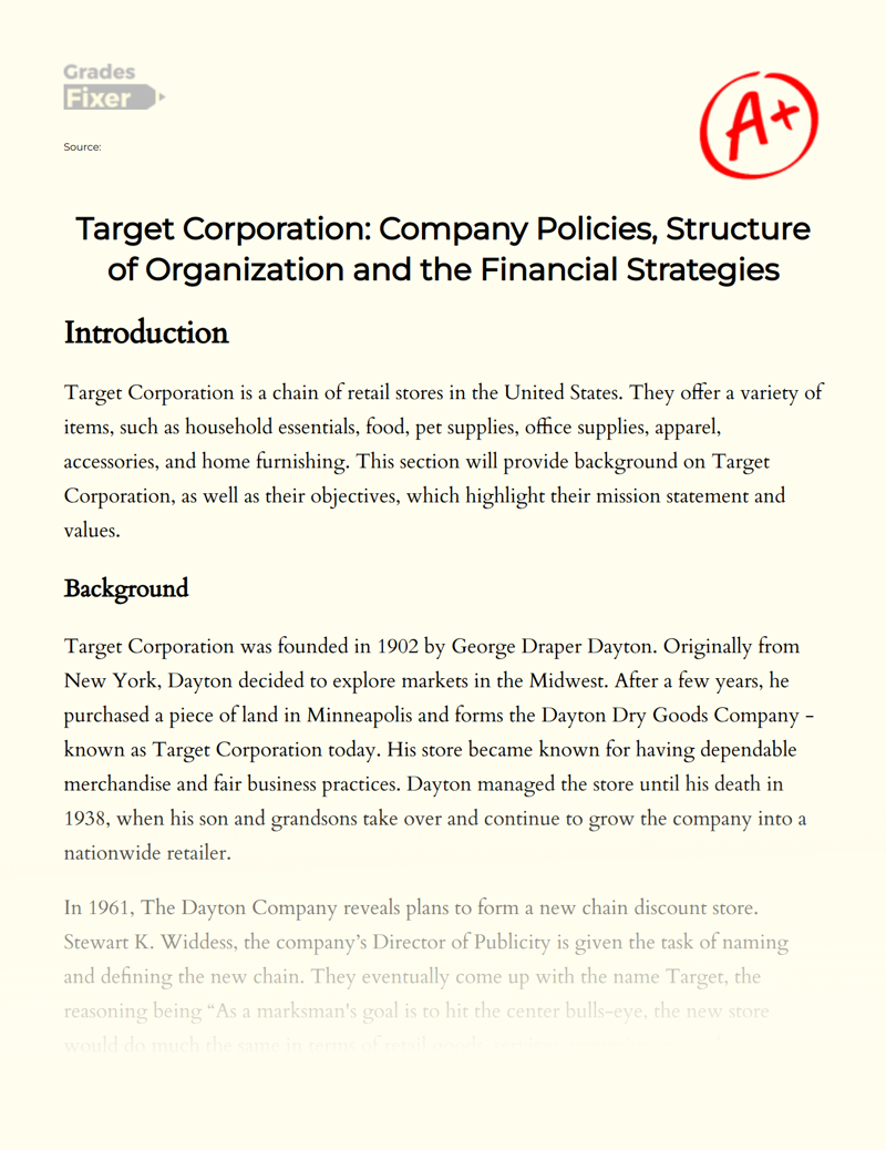 Target Corporation: Company Policies, Structure of Organization and The Financial Strategies Essay