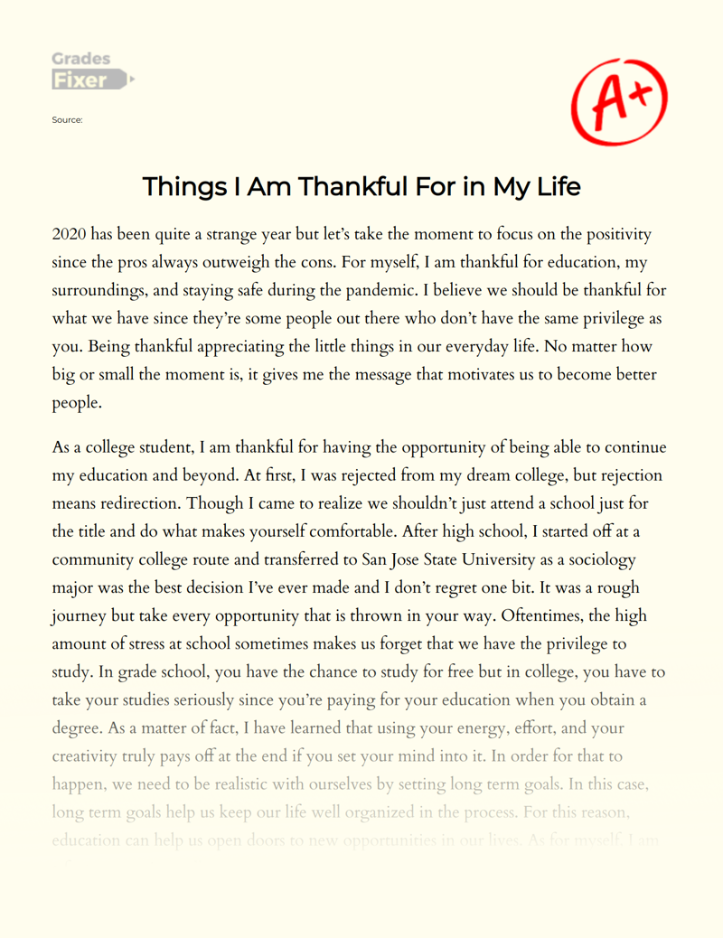 The Things I Am Grateful for in My Life Essay