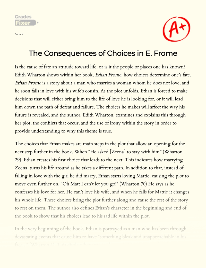 The Consequences of Choices in Ethan Frome Essay