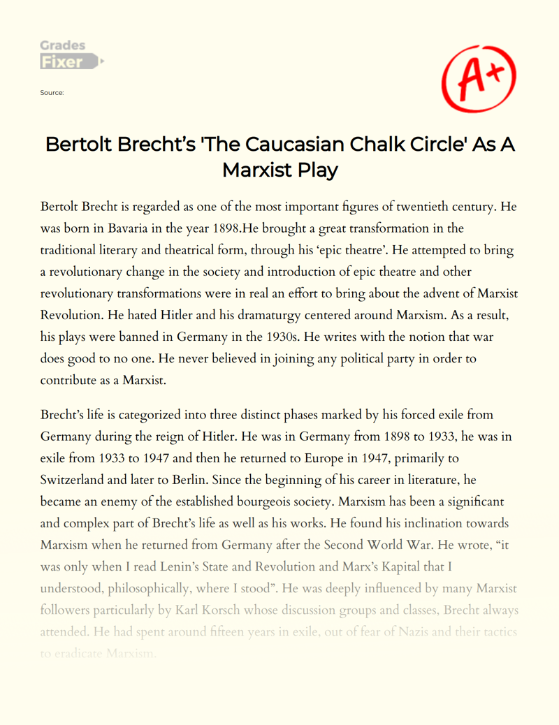 Bertolt Brecht’s 'The Caucasian Chalk Circle' as a Marxist Play Essay