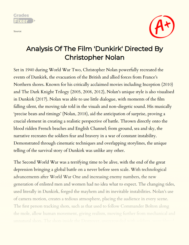Analysis of The Film 'Dunkirk' Directed by Christopher Nolan Essay