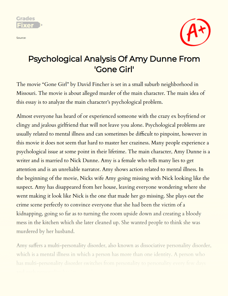 Psychological Analysis of Amy Dunne from 'Gone Girl' Essay