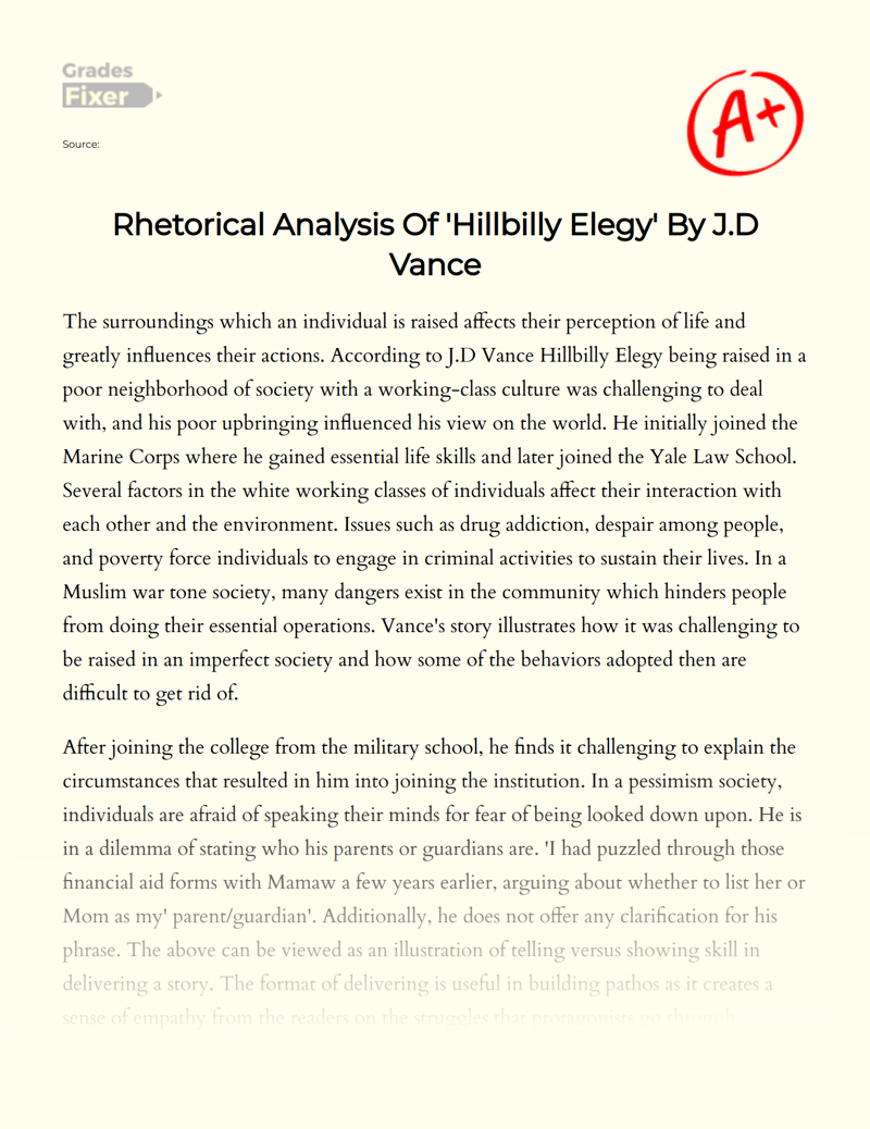 Rhetorical Analysis of 'Hillbilly Elegy' by J.d Vance Essay