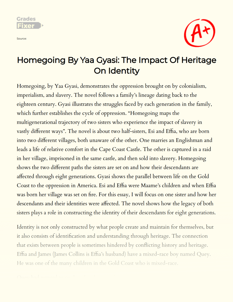 Homegoing by Yaa Gyasi: The Impact of Heritage on Identity Essay