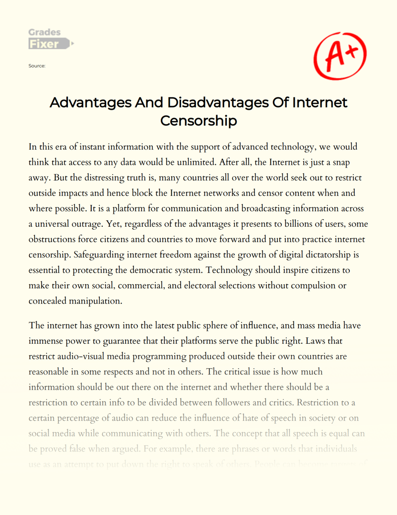 Advantages and Disadvantages of Internet Censorship Essay