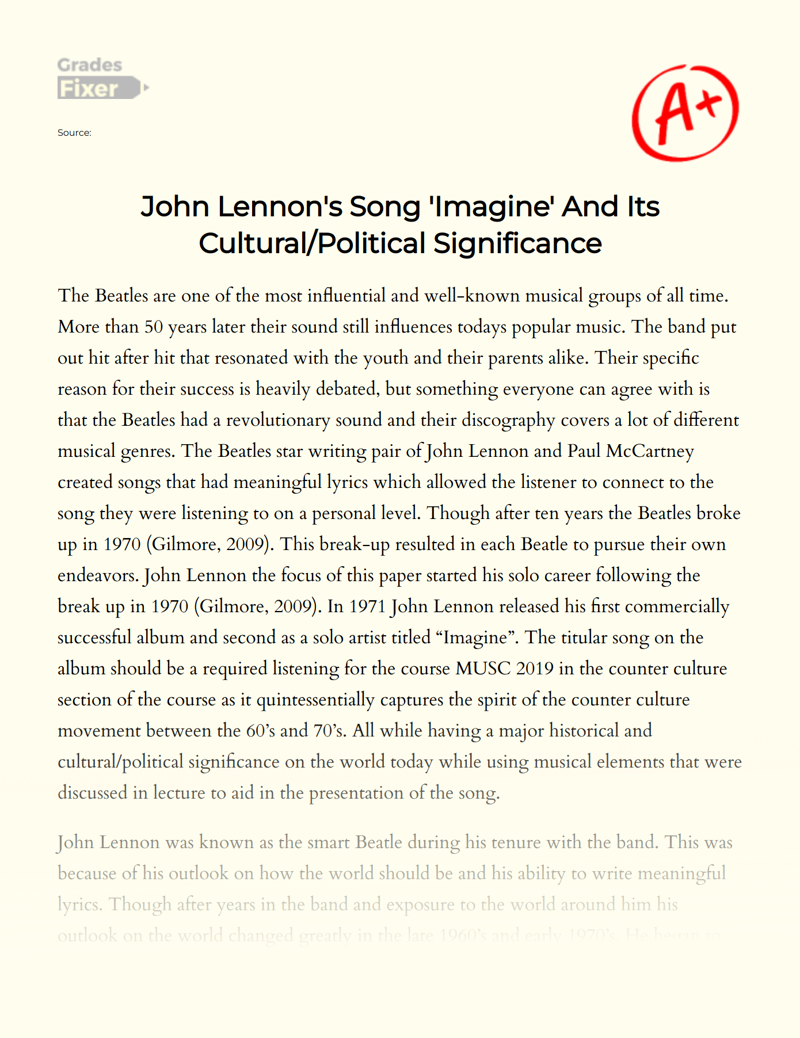 John Lennon's Song 'Imagine' and Its Cultural/political Significance Essay