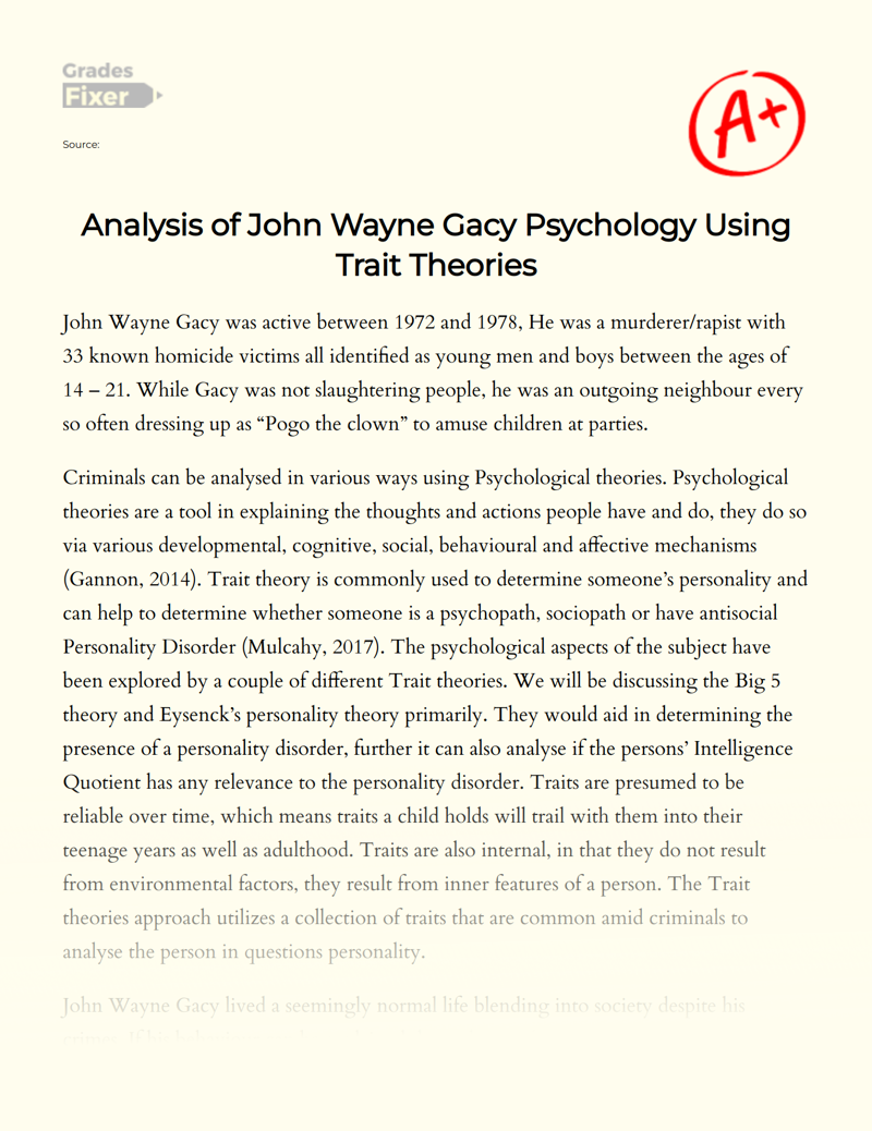 Psychological Analysis of John Wayne Gacy Using Trait Theories Essay