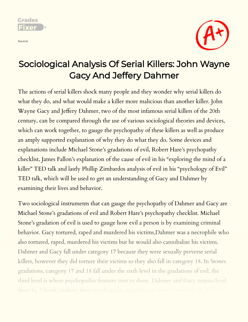 Sociological Analysis of Serial Killers: John Wayne Gacy and Jeffery Dahmer Essay