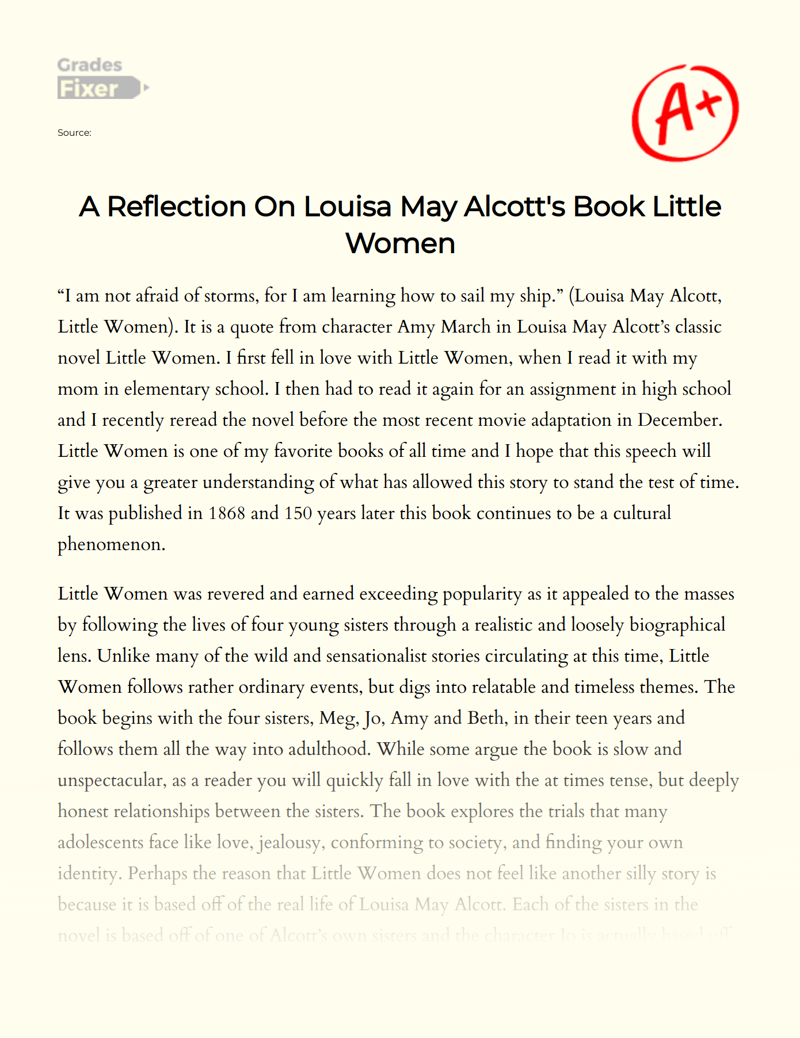A Reflection on Louisa May Alcott's Book Little Women Essay