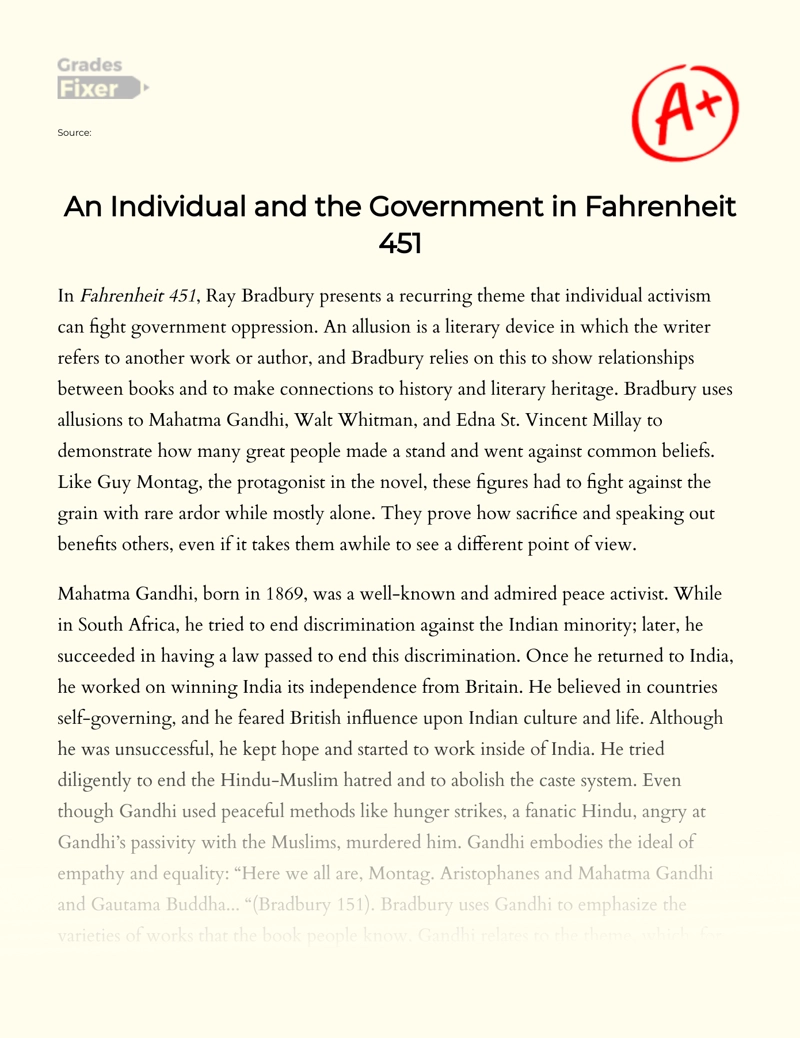 An Individual and The Government in Fahrenheit 451 Essay