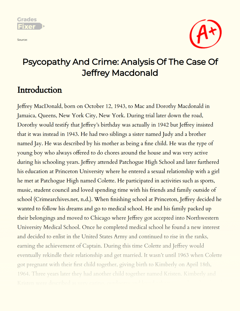 Psycopathy and Crime: Analysis of The Case of Jeffrey Macdonald Essay