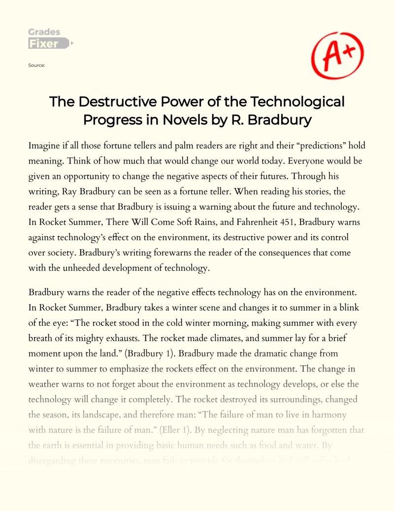 The Destructive Power of The Technological Progress in Novels by R. Bradbury Essay