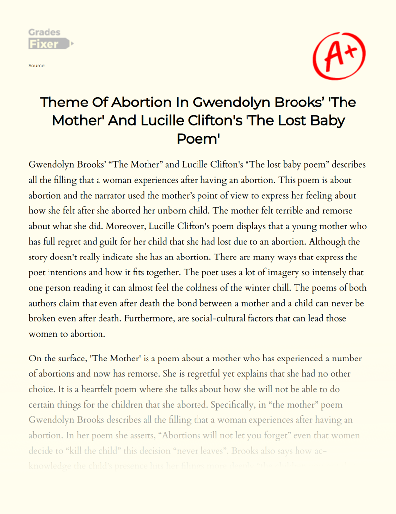 Theme of Abortion in Gwendolyn Brooks’ 'The Mother' and Lucille Clifton's 'The Lost Baby Poem' Essay