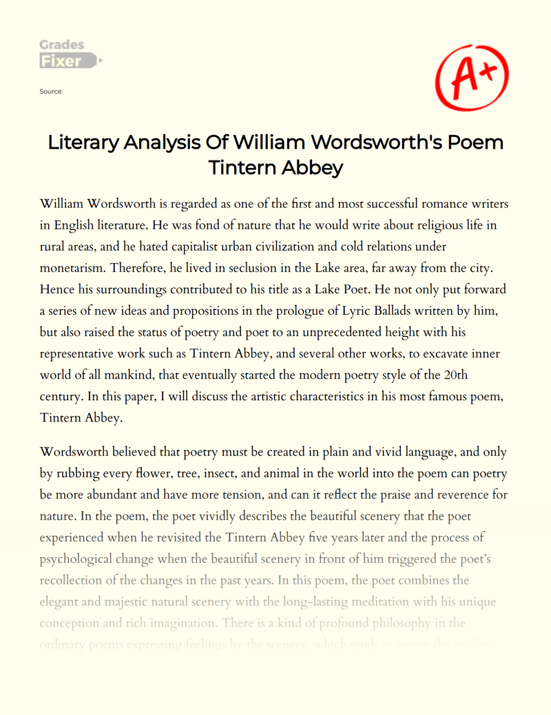 Literary Analysis of William Wordsworth's Poem Tintern Abbey Essay