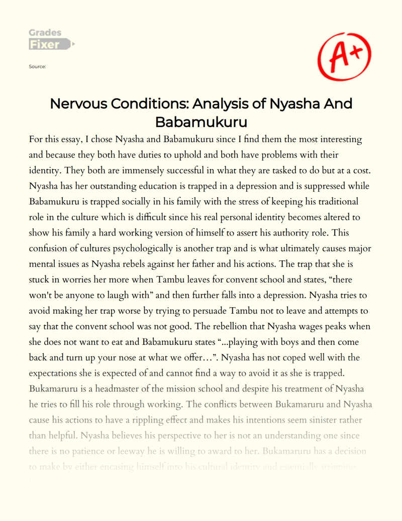 Nervous Conditions: Analysis of Nyasha and Babamukuru Essay