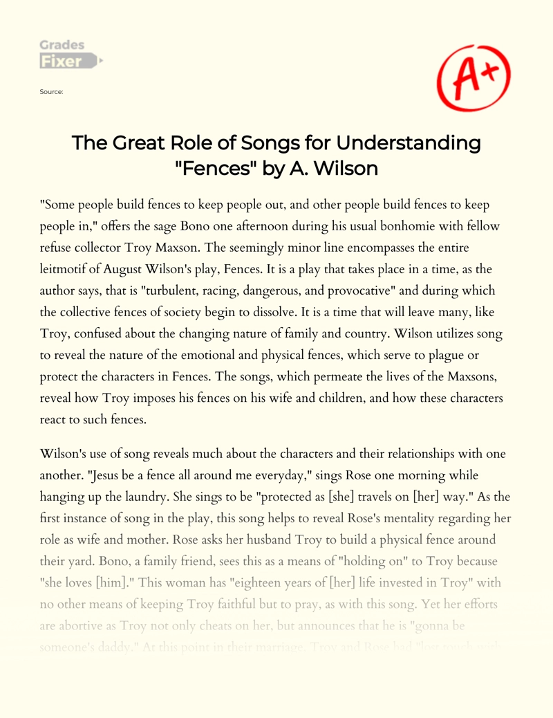 The Great Role of Songs for Understanding "Fences" by A. Wilson essay