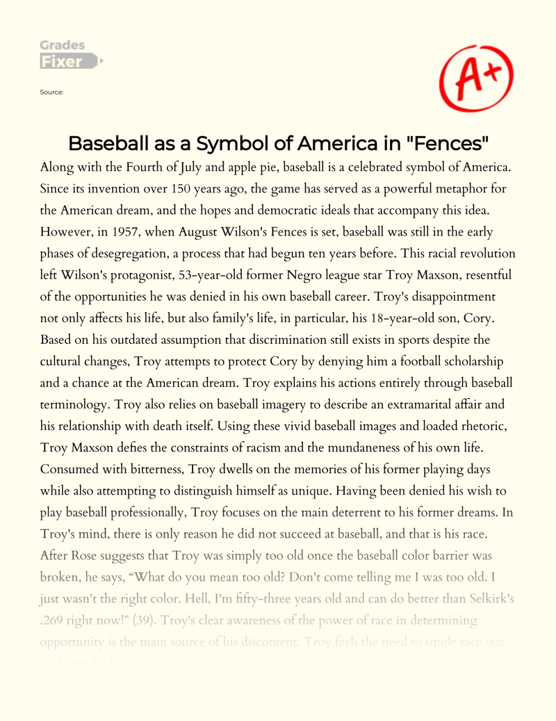 Baseball as a Symbol of America in "Fences" Essay