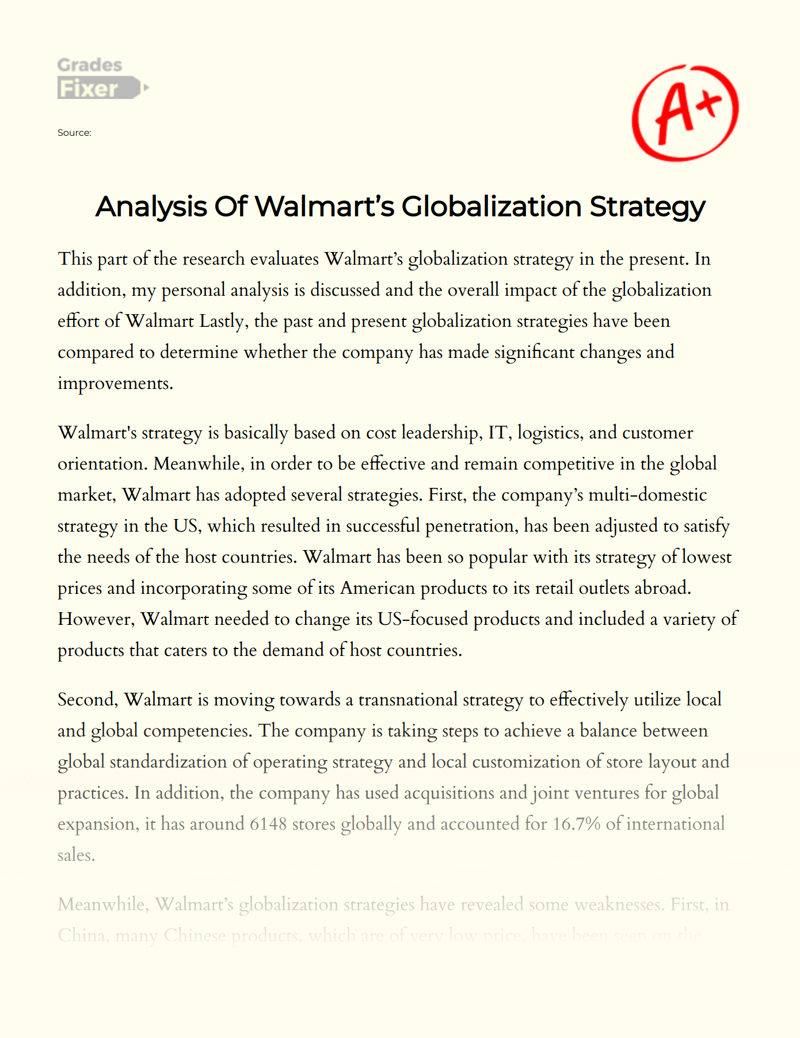 Analysis of Walmart’s Globalization Strategy Essay