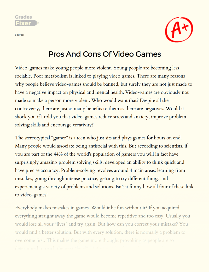 Pros and Cons of Video Games Essay