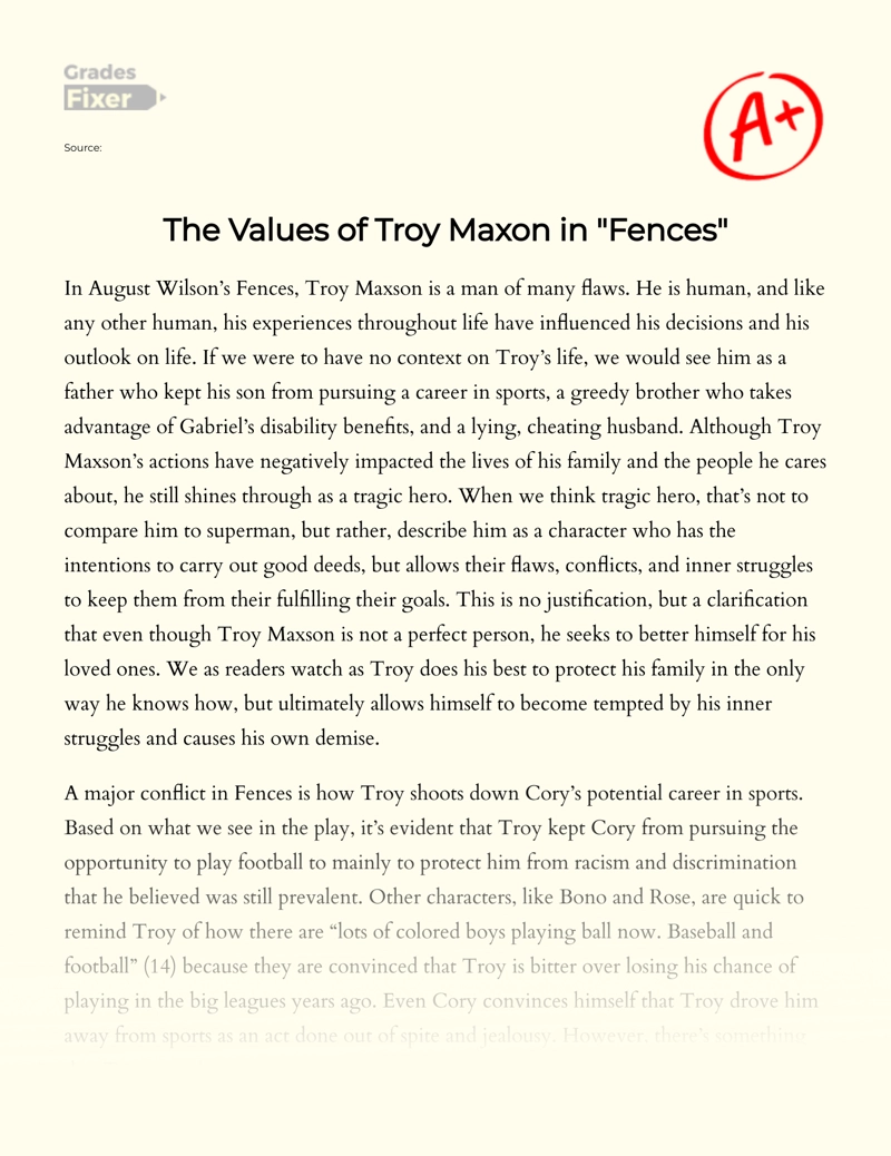 The Values of Troy Maxon in "Fences" Essay
