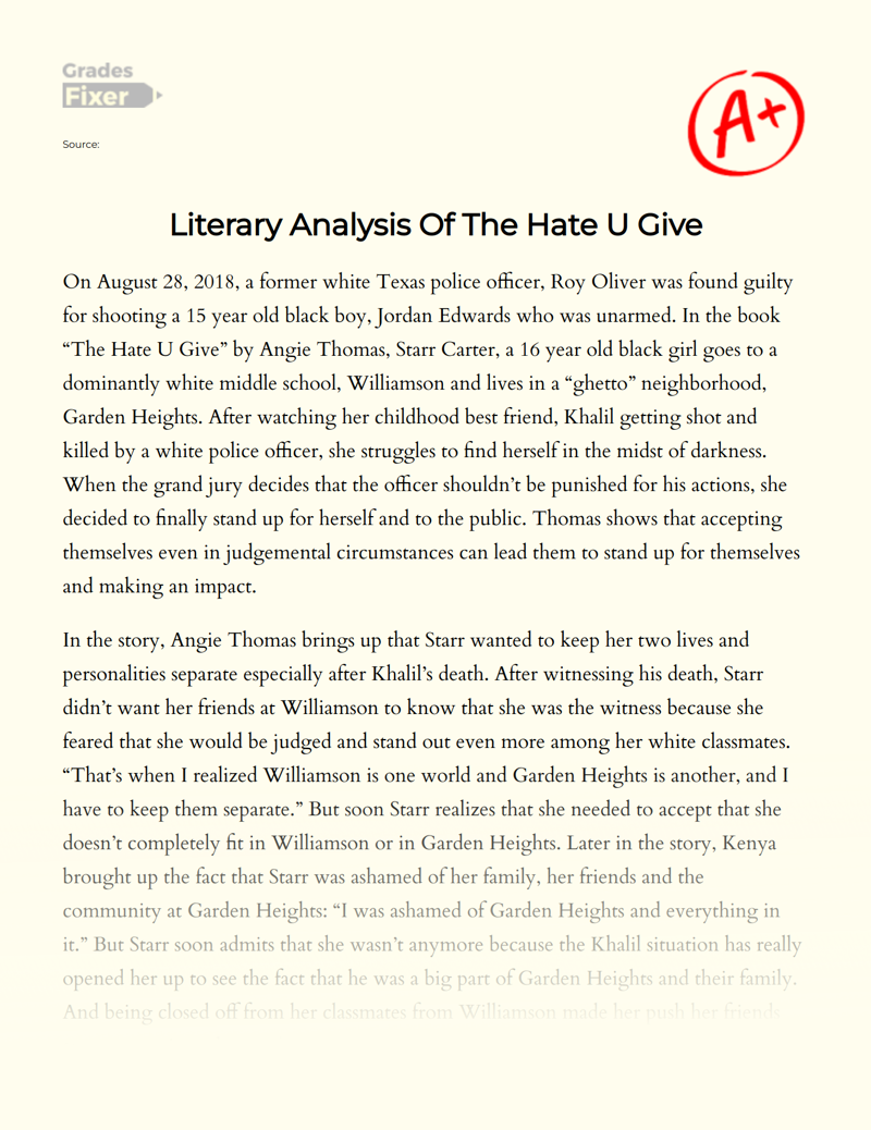 Literary Analysis of The Hate U Give Essay