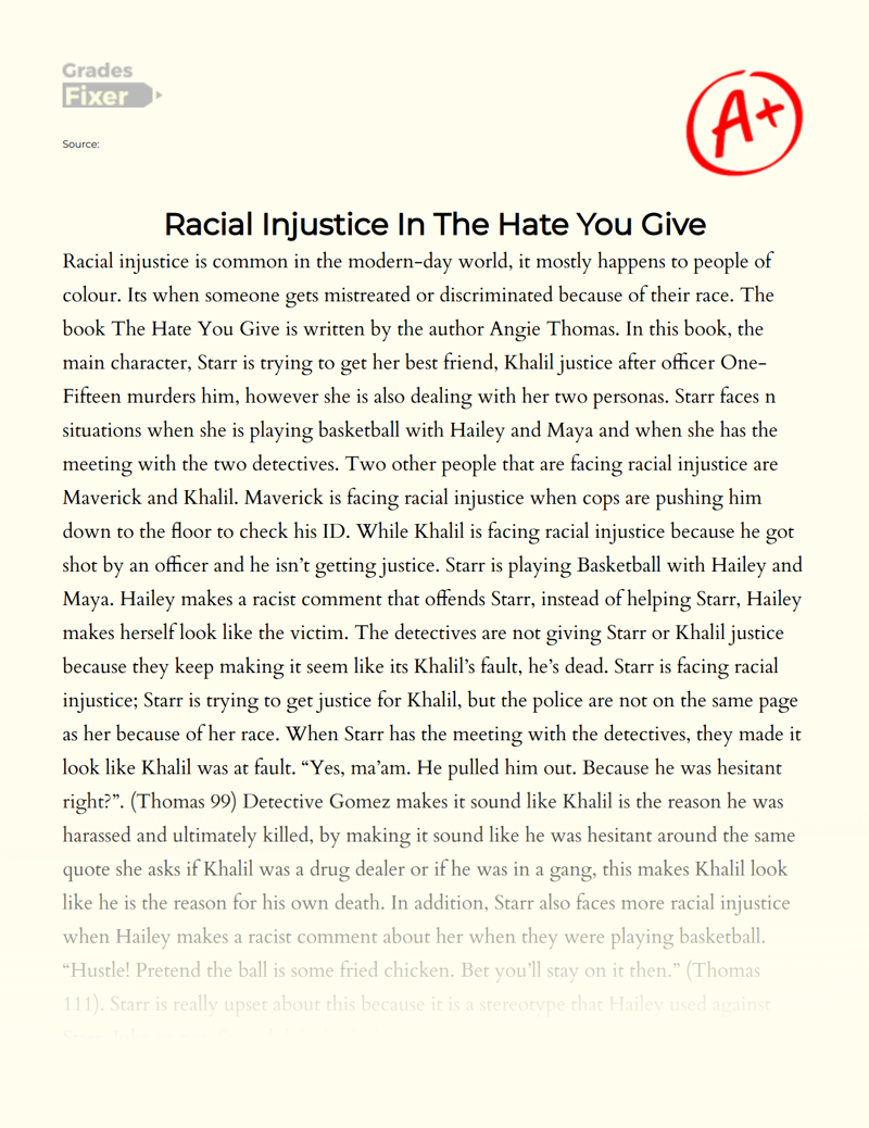 Racial Injustice in The Hate You Give Essay