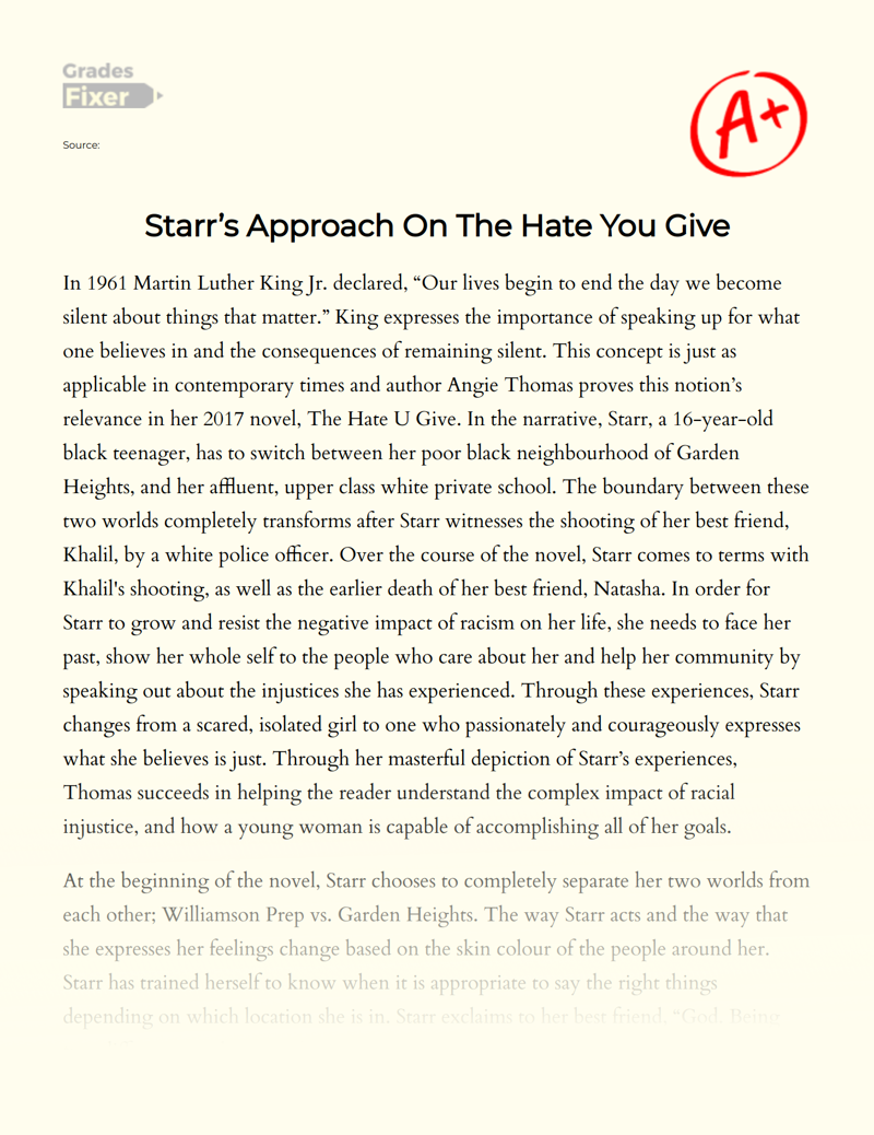 Starr’s Approach on The Hate U Give Essay