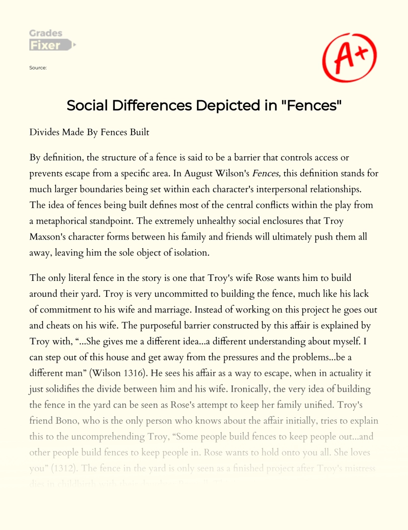 Social Differences Depicted in "Fences" Essay