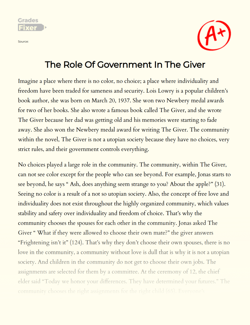 The Role of Government in "The Giver" Essay