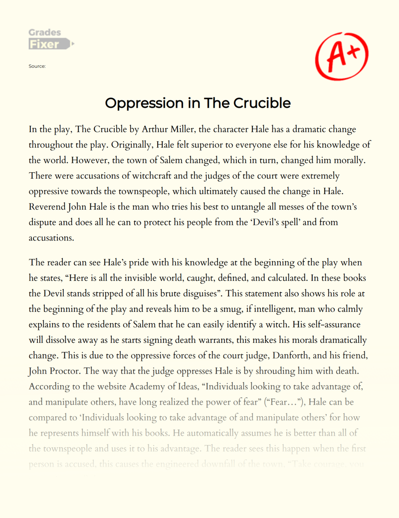 Oppression in The Crucible  Essay