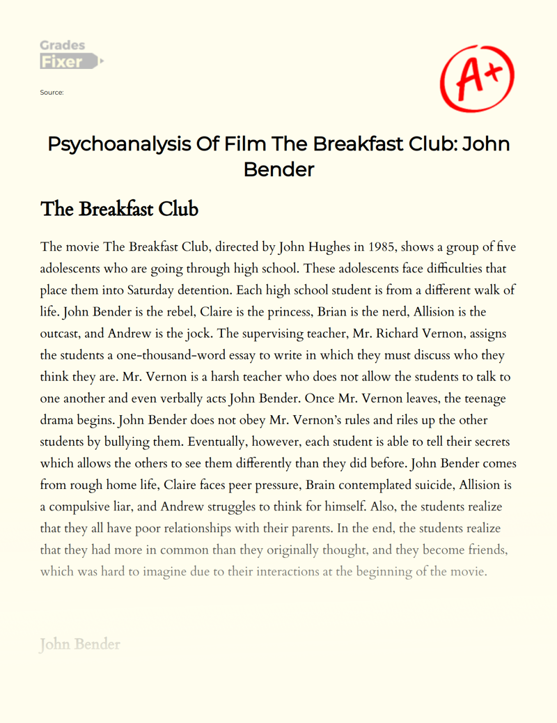 Psychoanalysis of Film The Breakfast Club: John Bender Essay