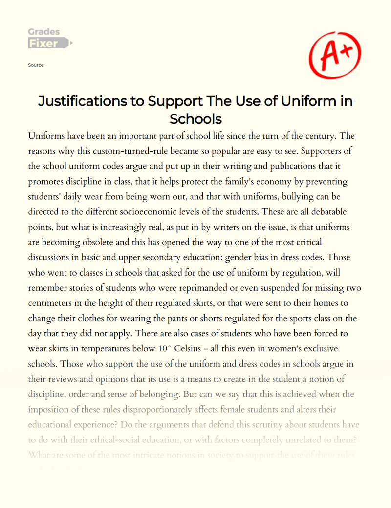 Justifications to Support The Use of Uniform in Schools Essay