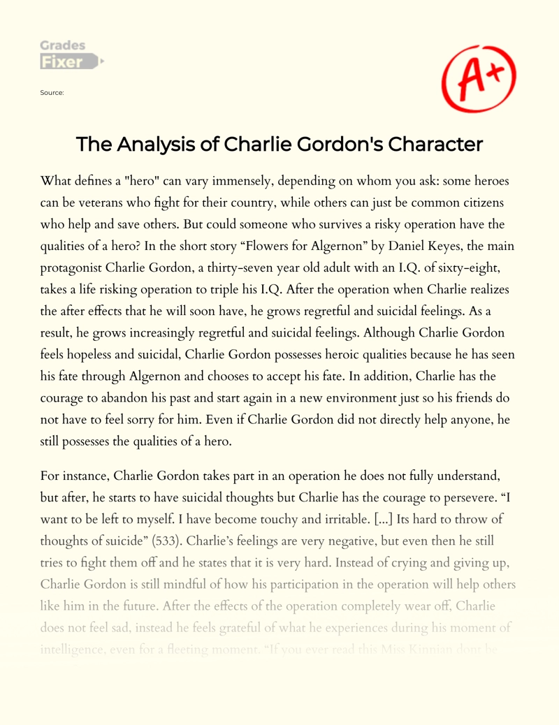 Analysis of Charlie Gordon's Character in Flowers for Algernon Essay