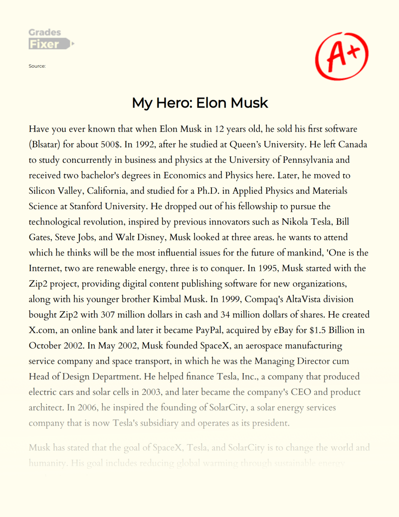 My Hero: Elon Musk Essay