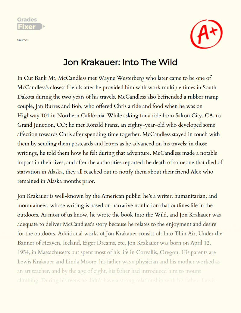 Jon Krakauer’s Expression of Individualism and Transcendentalism in into The Wild Essay