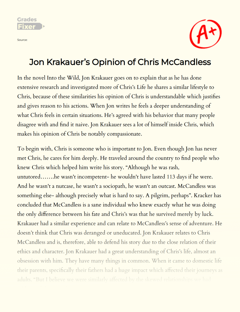 Jon Krakauer’s Opinion of Chris Mccandless Essay