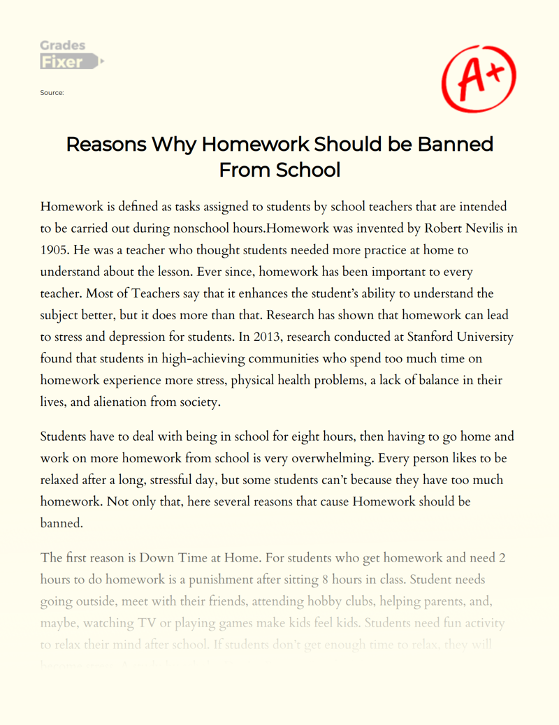 Reasons Why Homework Should Be Banned from Schools Essay