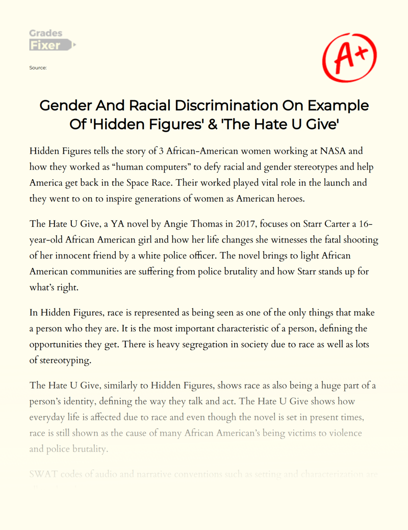 Gender and Racial Discrimination on Example of "Hidden Figures" & "The Hate U Give" Essay