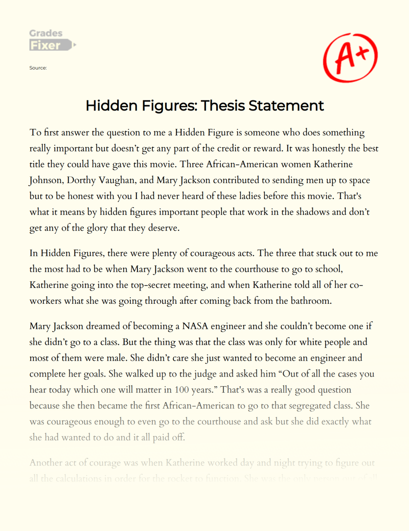 Hidden Figures: Thesis Statement Essay