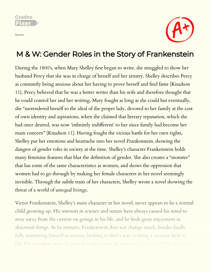 M & W: Gender Roles in The Story of Frankenstein essay