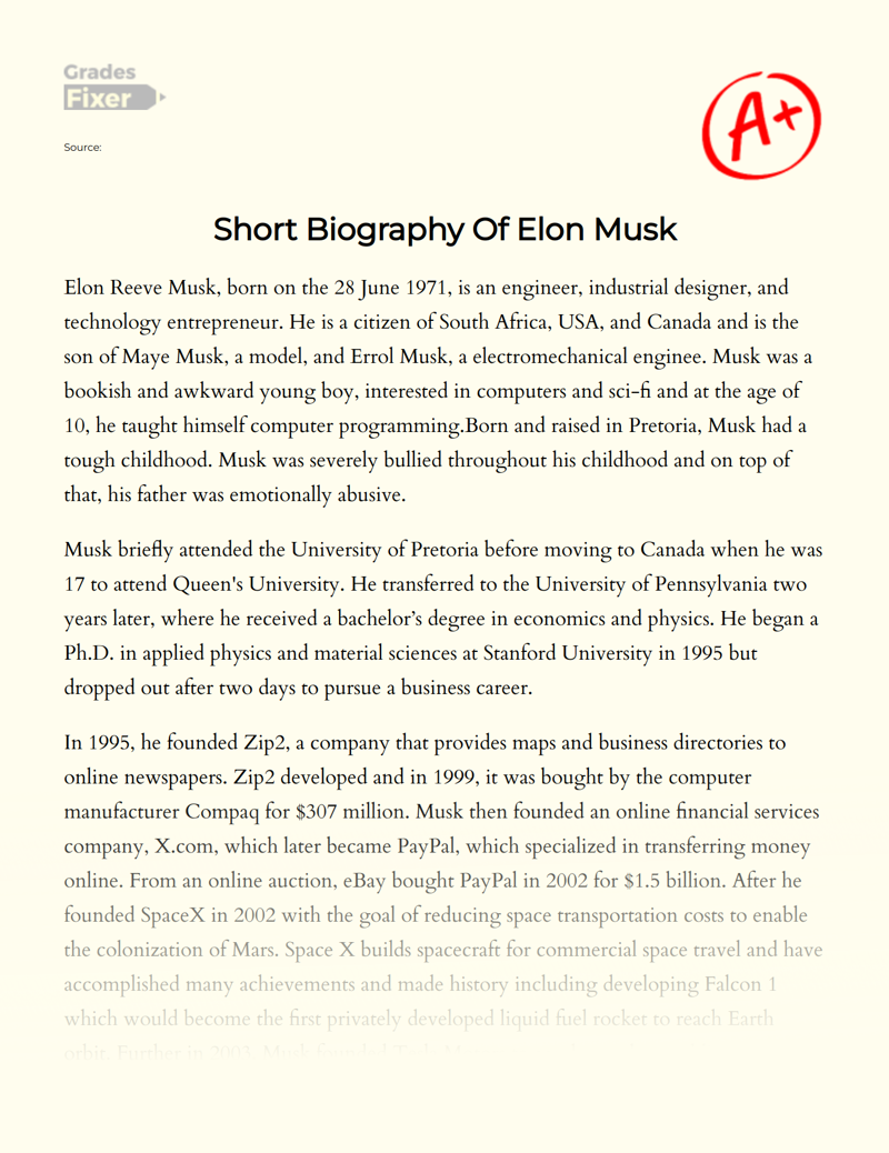 Short Biography of Elon Musk Essay