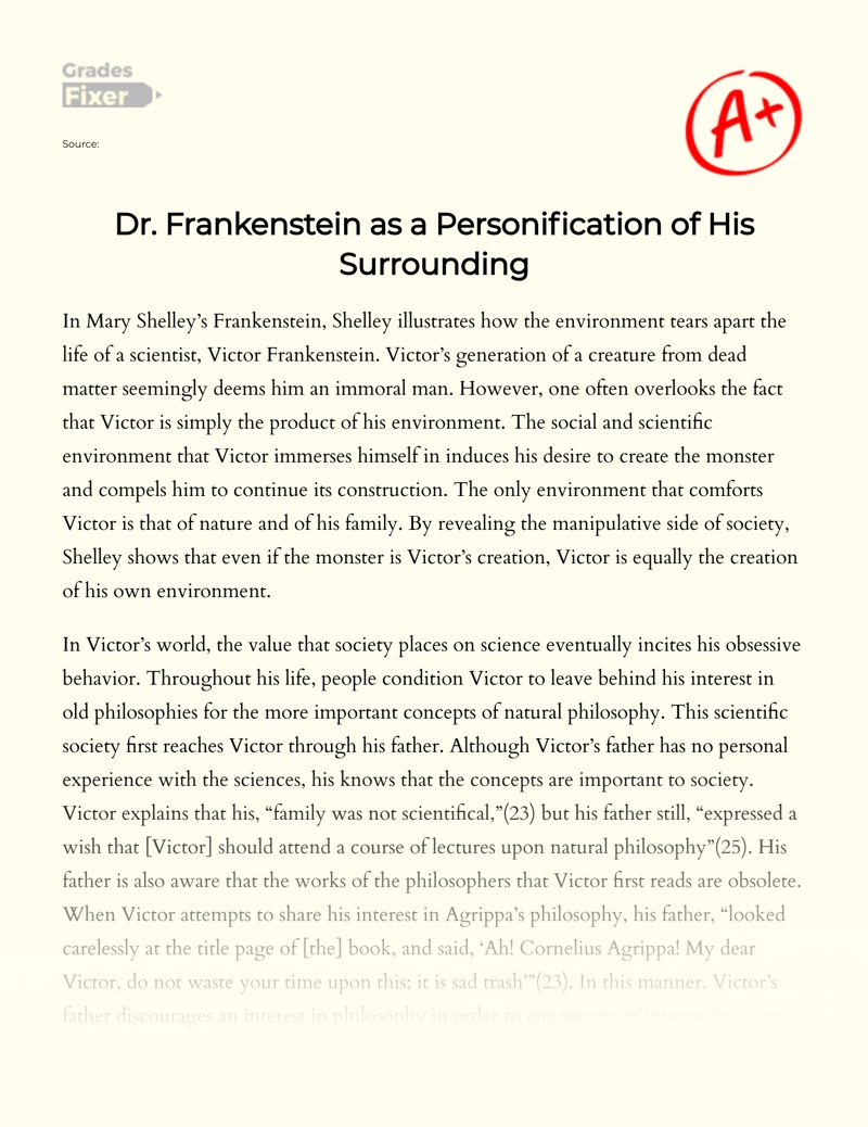 Dr. Frankenstein as a Personification of His Surrounding essay