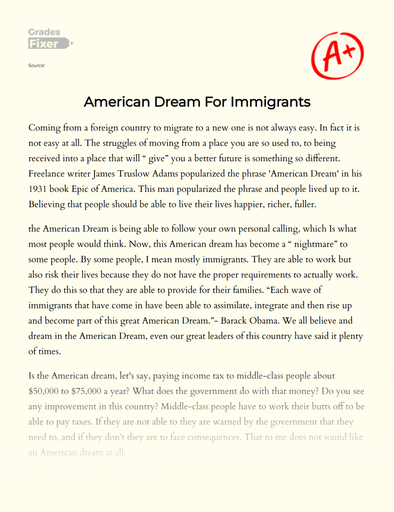 The American Dream for Immigrants Essay