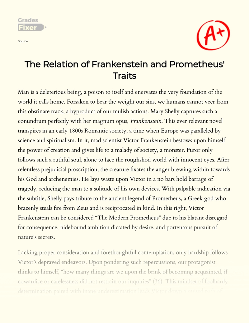 The Relation of Frankenstein and Prometheus' Traits Essay