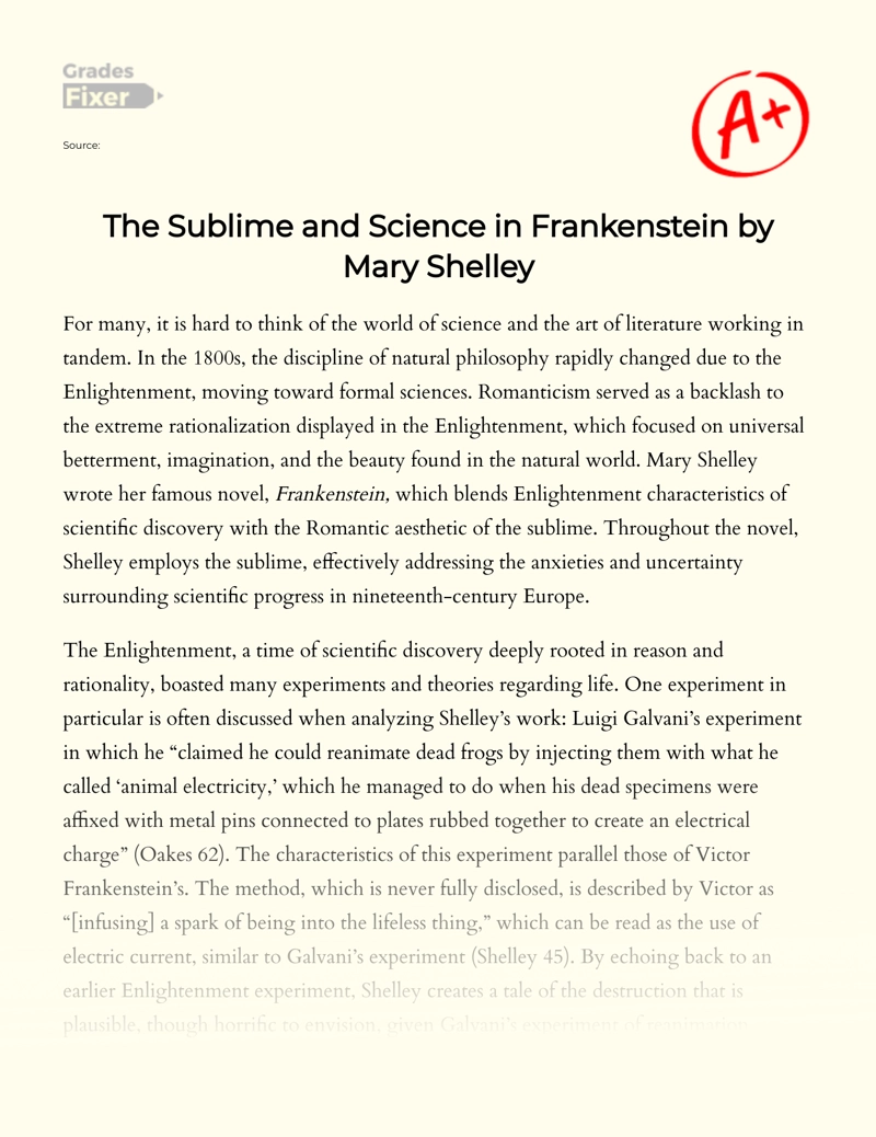 The Sublime and Science in Frankenstein by Mary Shelley Essay