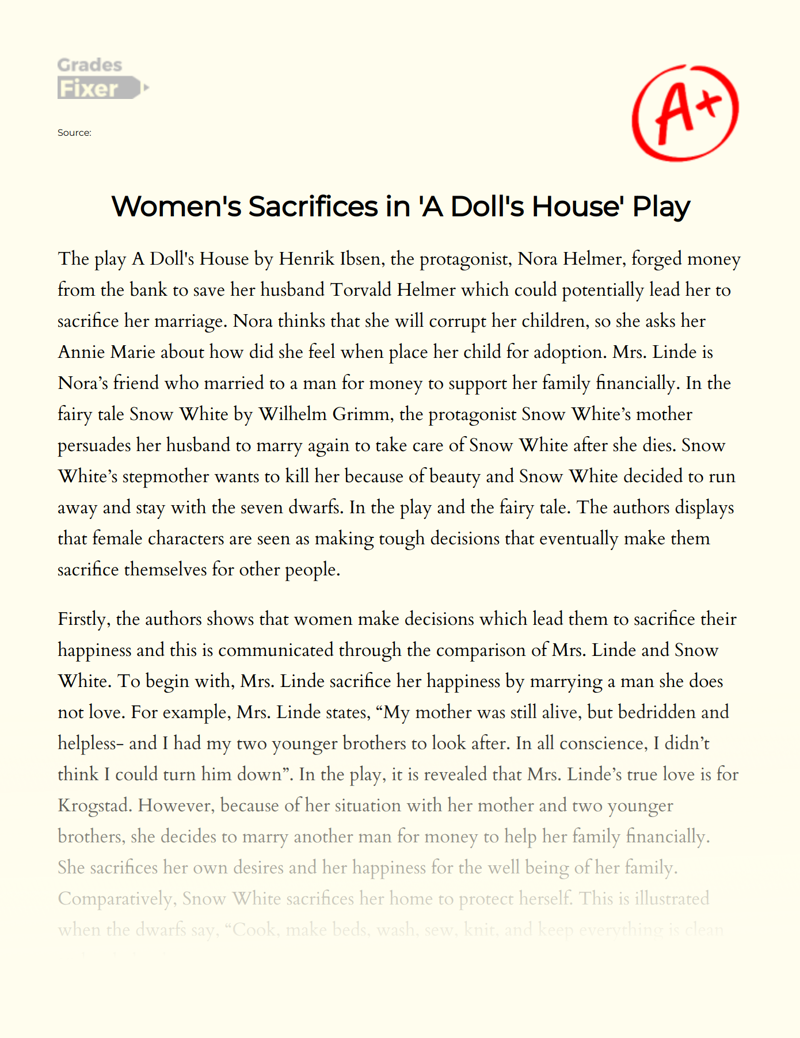 Women's Sacrifices in 'A Doll's House' Play Essay