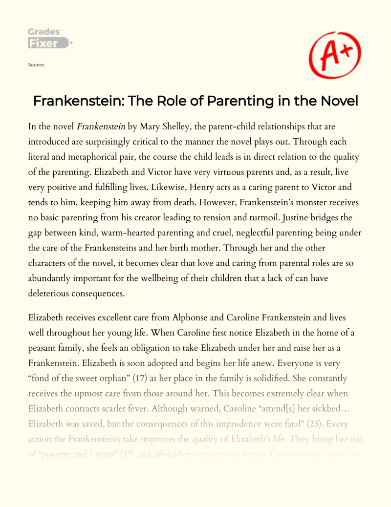 Frankenstein: The Role of Parenting in The Novel Essay