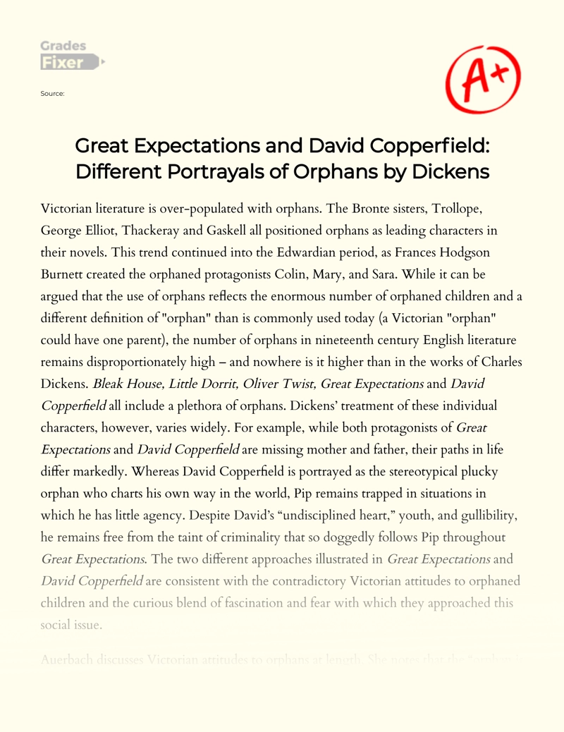 Great Expectations and David Copperfield: Different Portrayals of Orphans by Dickens Essay