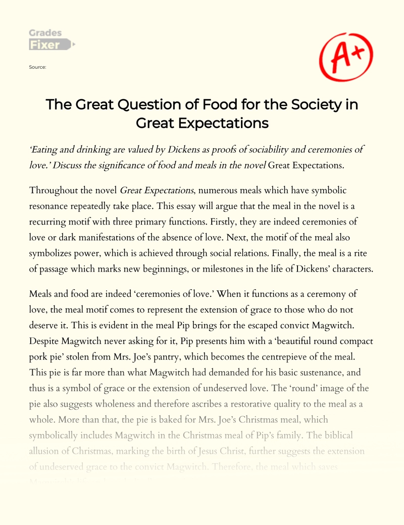 Significance of Food and Meals in The Novel Great Expectations Essay